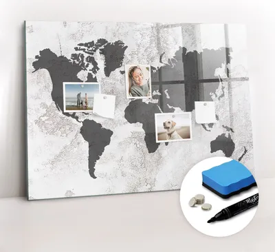 Produktbild von Magnetpinnwand Memoboard - Zubehörsatz - Schwarzer Marker + Schwamm + Magnete - 100 x 70 cm - Konkrete Weltkarte