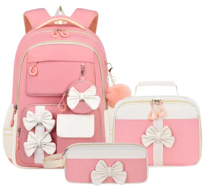 Produktbild von 3-teiliges Schulranzen Set, großer Rucksack, Laptopfach, Lunchbox Tasche, Schulrucksack für Kinder Mädchen Jungen, Rosa Weiß