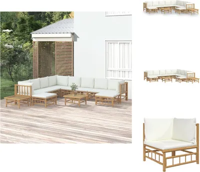 Produktbild von vidaXL 12-tlg. Garten-Lounge-Set mit Cremeweißen Kissen Bambus -  Gartenmöbel-Sets