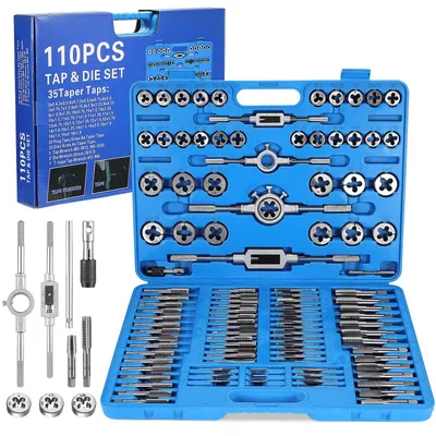 Produktbild von 110-teiliges Set aus Kranen und Matrizen, inklusive Rückschlagschlüssel und Gewindelehren