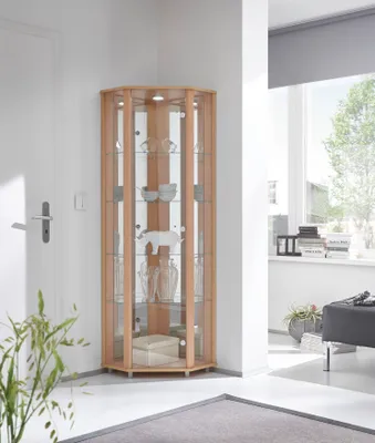 A corner display cabinet filled with decorative items, placed in a room with a window and a sofa visible in the background.