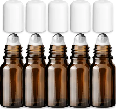 Produktbild von 5x Braune Glasflasche 10 ml Roll On mit weißem Verschluss Set