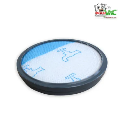 A round vacuum cleaner filter with a gray rim and a blue and white patterned filter material, set against a white background. A logo is visible in the top right corner.