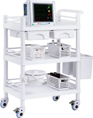 Obrázok produktu pre 3-vrstvový laboratórny vozík - Vozík na lieky s 3 nádobami na odpad - Servírovací vozík na prepravu - Nemocničné potreby