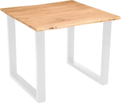 Produktbild von Esszimmertisch 80x80 cm Quinn, echte Baumkante, eichefarben, massiver Esstisch aus Akazienholz, Metallbeine Weiß, Baumkantentisch