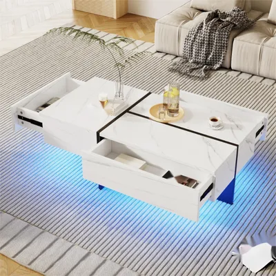 Imagen del producto de Mesa de centro AIORBER de alto brillo, con estructura de imitación de mármol blanco y tablero de color a juego, ideal para el salón, dimensiones: 100*50*34,5 cm, con sistema de iluminación LED controlado mediante aplicación