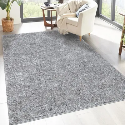 Produktbild von Shaggy Hochflor Teppich Wohnzimmer - 150x150 cm - Grau - Einfarbige Schlafzimmer-Teppiche