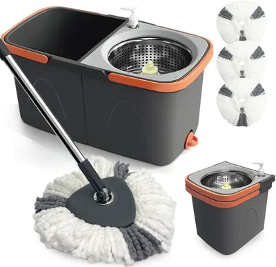Produktbild von Wischmopp Set mit Eimer, 2-in-1 Wischmopp Set mit 360° Drehkopf mit Teleskopstiel & 3 waschbaren Mikrofaser-Pads, Eimer mit Auswringfunktion, Grau