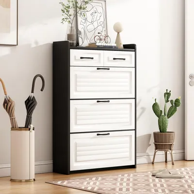 Produktbild von Schuhkommode mit drehbarem Schuhschrank in Weiß+Schwarz – 3 Klappen, 2 Schubladen, Holzschuhregal 80×23,5×131 cm im modernen Design