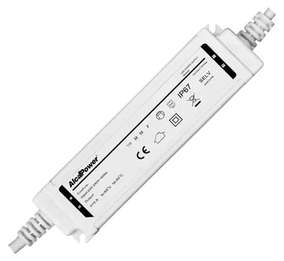 Imagen del producto de Fuente de alimentación conmutada Alcapower de 12V y 100W (8,3A), resistente al agua (IP67), ideal para iluminación LED, con protección integrada contra sobrecarga y cortocircuitos.