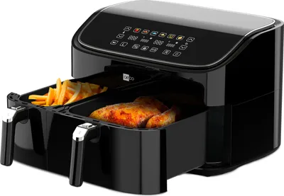 Produktbild von aeco DUO Doppelkammer AirFryer 9 L (3l & 6l, Heißluftfritteuse mit Touch-Display & Dehydrierungsfunktion, 2850W, 80°-200°, 6 Programme, + Rezeptheft)