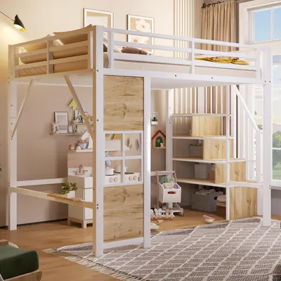 Produktbild von MODFU Metall-Hochbett 140x200 Jugendbett mit Stauraum,Kinderbett mit großer Spielbereich unter dem Bett und Sicherheitsgeländer, Weiß(ohne Matratze)