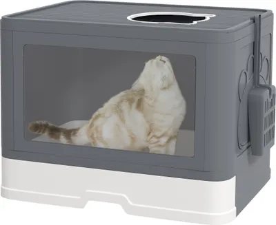 Produktbild von PawHut kuweta z pokrywą Kuweta z szufelką, toaleta dla kotów o wadze do 4 kg, do użytku w pomieszczeniach, plastikowa, szara 48,5 x 38 x 36,5 cm