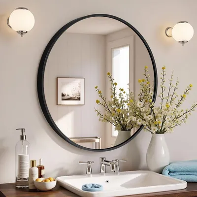 Produktbild von 40cm Schwarz Rund Spiegel Dekorative HD Wandspiegel Badspiegel Wohnzimmer Schminkspiegel