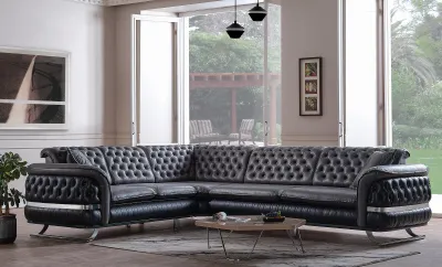 Zdjęcie produktu dla Sofa narożna do salonu kolor czarny sofa w kształcie litery U XXL nowa Chesterfield nowa