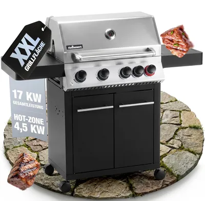 Produktbild von Gasgrill 4 + 1 Brenner – 17kW Gesamtleistung, LED-Beleuchtung & Seitenkochfeld - Hot Zone + Piezo-Zündung Grillrost aus Gusseisen - BBQ Grillwagen