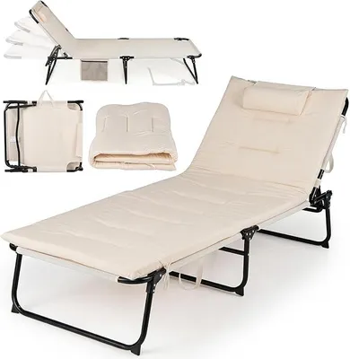 Imagen del producto de Tumbona plegable, silla reclinable con cojín, tumbona de jardín, color beige