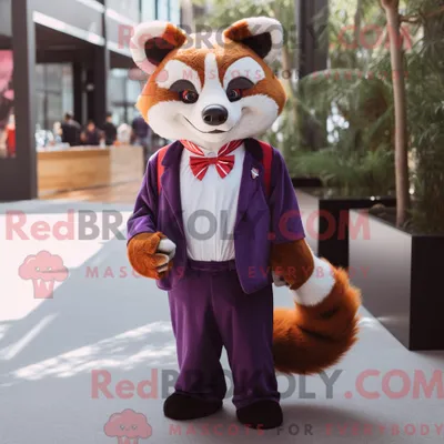 Obrázok produktu pre Postava maskota REDBROKOLY: fialová panda, oblečená v červenom obleku, nohaviciach a motýliku
