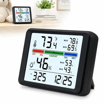 Produktbild von Thermometer Hygrometer digital, schwarzer Temperaturmesser mit Luftfeuchte, Uhr, Datum, Alarm und Magnetrückseite