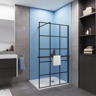 Produktbild von 140x200cm 8mm NANO glas Schwarz Handtuchhalter Stützstange Walk in Dusche