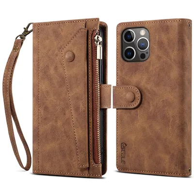 Obrázek produktu pro Ochranné pouzdro pro iPhone 14 Pro kožené pouzdro na zip, skládací peněženka s přihrádkou na karty, stojánek a poutko hnědé