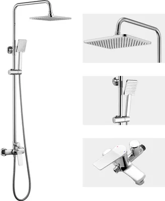 A shower set with a rain shower head, hand shower, and faucet, presented in multiple views.