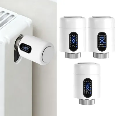 Obrázek produktu pro Inteligentní termostat pro radiátory ISOISL, WiFi, ovládání přes aplikaci, kompatibilní s platformami Smart Life/Tuya, bílý, sada 3 kusů, s 7 adaptéry pro ventily