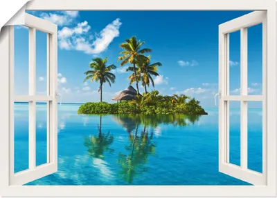 Produktbild von ARTland Poster Fensterblick Insel Palmen Meer Größe: 70x50 cm