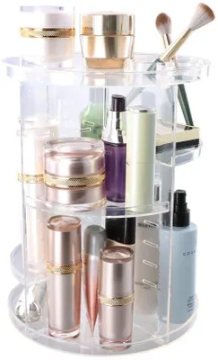Obrázok produktu pre Unyqoos® Priehľadný, otočný organizér na make-up, 360° otočný, 4 vyberateľné priečky, 8 výškových úrovní, 3 priehradky na štetce, 23 x 28,5 cm, plast