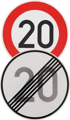 Zdjęcie produktu dla Oryginalny 2 x znak drogowy nr 278-20 koniec 20 km/h i nr 274-20 20 km/h zgodnie z StVO ze znakiem drogowym RAL Znak drogowy Znaki drogowe RA1