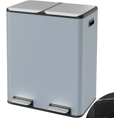 Produktbild von Küchen Mülleimer - 60 l Doppel Abfalleimer - Edelstahl - 2 Kammern - Tretpedal - Soft Close Deckel - Geruchsfilter - Grau Blau