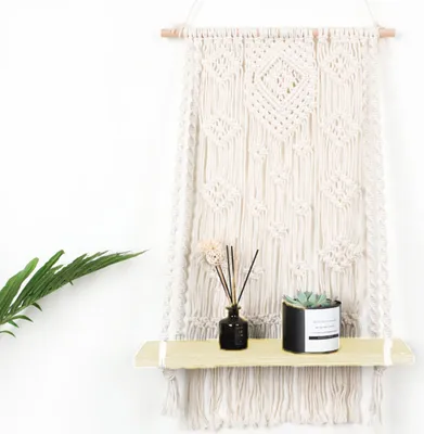 Imagen del producto de Soporte para plantas de macramé, cesta tejida a mano, estante de madera para macetas, decoración para el hogar