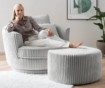 Produktbild von Dreh- und Relaxsessel Comfy hellgrau Mega-Cord Loveseat inkl. Kissen und Hocker