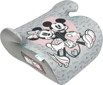 Produktbild von Tataway Disney Minnie und Mickey Mouse i-Size ECE R129 Sitzerhöhung. Kindersitzerhöhung für Kinder von 125 bis 150 cm Größe. Sitzerhöhung mit Minnie- und Mickey-Mouse-Grafiken, Kindersitz auf grauem Hintergrund.