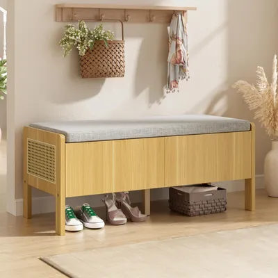 Produktbild von Merax Sitzbank, Schuhbank mit Sitzkissen und 2 Schubladen, Aufbewahrungsbank mit Stauraum und Rattan, Flur Schlafzimmer, Polsterbank modern, Natur