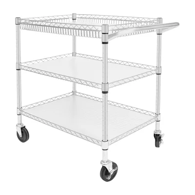 A three-tier metal wire cart with wheels and a handle, presented on a white background.