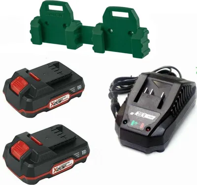 A set of Parkside 20V batteries, a charger, and wall mounts are displayed against a white background.