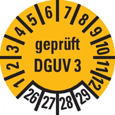 Produktbild von Dreifke® Prüfplakette nach DGUV 3, 26-29, gelb, Dokumentenfolie, Ø 10...