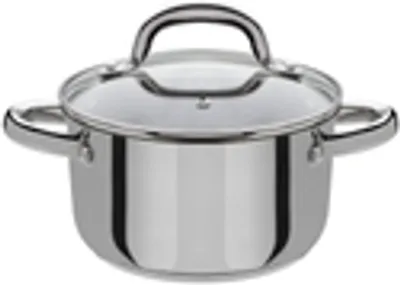 A stainless steel pot with a glass lid and handles, isolated on a white background.