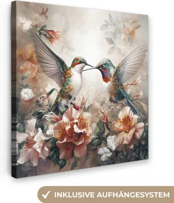 Zdjęcie produktu dla MuchoWow® - Obraz na płótnie - Koliber - Ptaki - Kwiaty - Natura, fototapeta, dekoracja ścienna, obrazy do salonu, 50x50cm