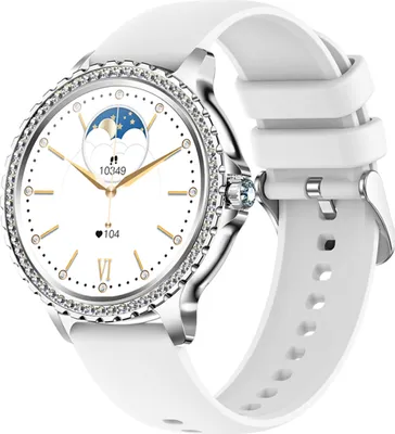 A close-up studio shot of a smartwatch with a white band and a silver, diamond-encrusted bezel.