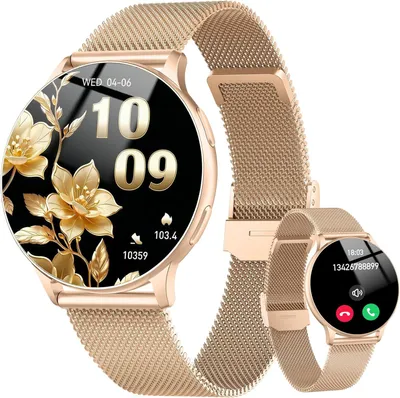 Produktbild von Smartwatch Damen Rund mit Telefonfunktion, 1.32" AMOLED HD Schrittzähler Uhr Damen Pulsuhr SpO2 Schlafmonitor, 120+Sportmodi Smart Watch, IP68 Wasserdicht Fitness Tracker, Watch iOS/Android(Roségold)