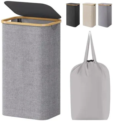 Image de Grand panier à linge de 100 litres avec couvercle, poignées en bambou et sac amovible, gris clair