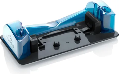 A product shot of a blue and black handheld vacuum cleaner base.