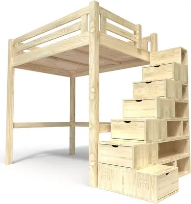 Produktbild von Hochbett in holz 160x200 Alpage mit treppenregal - Naturlack