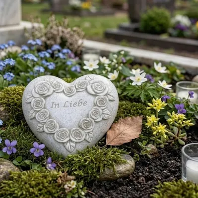 Produktbild von Grabherz Gedenkstein mit Rosenherz- In Liebe - Grabschmuck Grabdeko Trauerherz 8cm