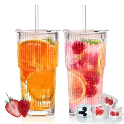 Zdjęcie produktu dla Elzusha - Zestaw 2 szklanek z fakturą, z pokrywkami i słomkami, pojemność 600 ml