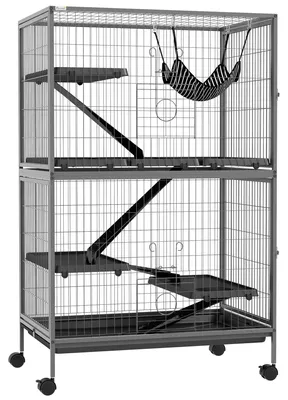 Productafbeelding van Kleine dierenkooi met hangmat, knaagdierenkooi op wielen, 4-laags kooi, metaal, kunststof, 80 x 52 x 128 cm, grijs