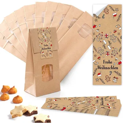Produktbild von 10 Stück kleine braune Block-Bodenbeutel MIT FENSTER + Pergamin-Einlage 10,5 x 6,5 x 29 cm + 10 beige weiße WUNDERBARE WEIHNACHTEN Weihnachts-Aufkleber - Papiertüten lebensmittel-echtLebkuchenmann / 100 Stück