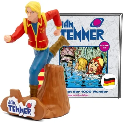 A figurine of a character from a comic book series, standing on a brown base, with a comic book cover in the background.